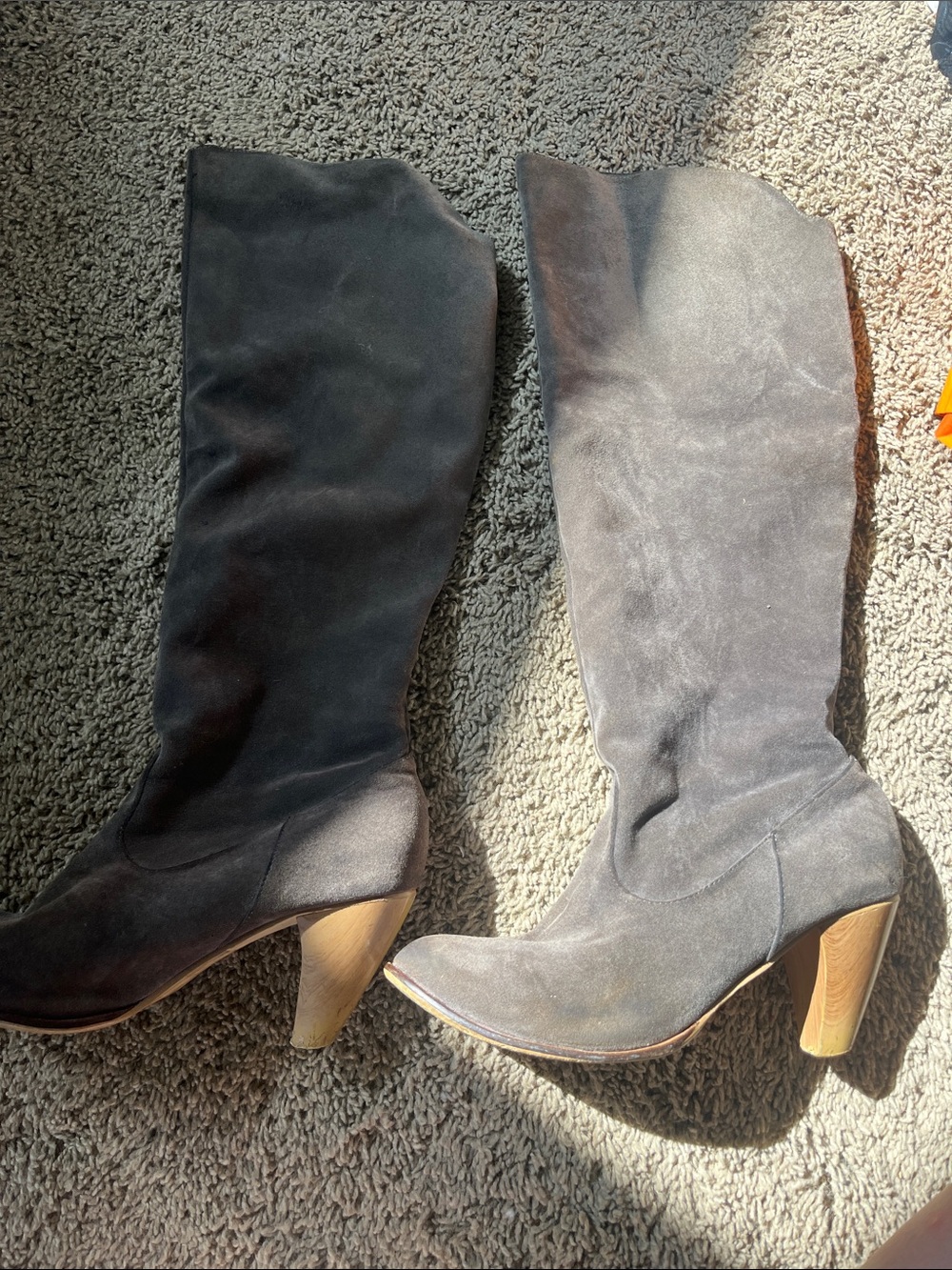 Women’s Black Knee-High Suede Boots with Wooden Heel